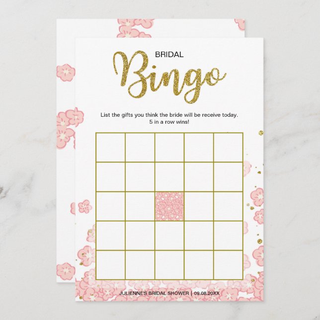Bridal Shower Bingo | Pink and Gold Glitter Floral Invitation (Front/Back)