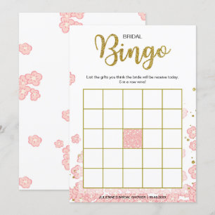 Bridal Shower Bingo   Pink and Gold Glitter Floral Invitation