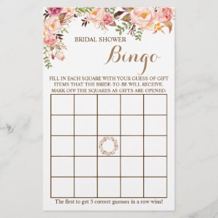 Bridal Shower Bingo Pink Floral Game Card
