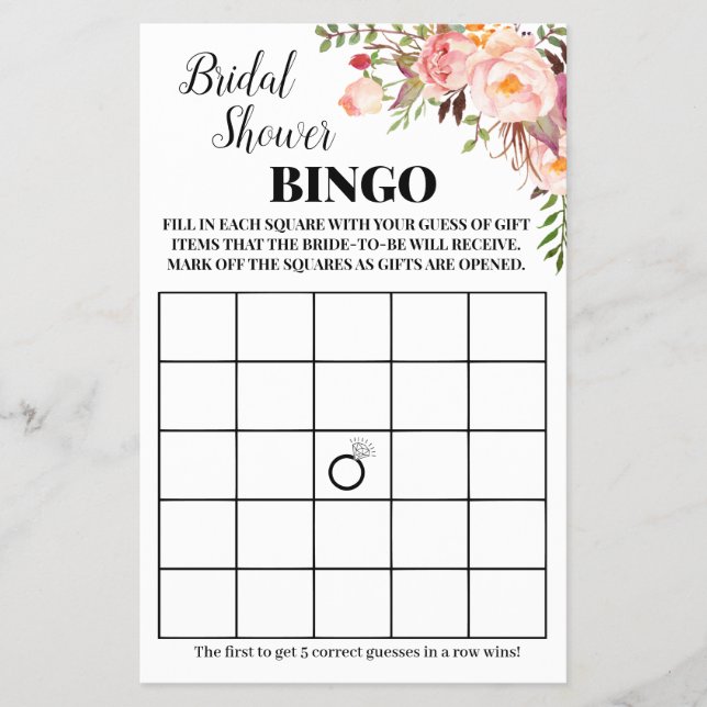 Bridal Shower Bingo Pink flowers Game Card (Front)