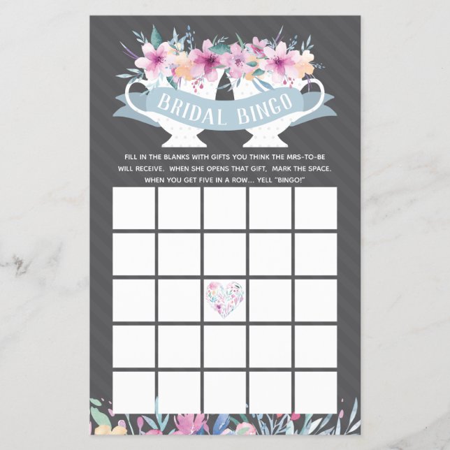 Bridal Shower Bingo, Tea Party with Flowers Flyer (Front)