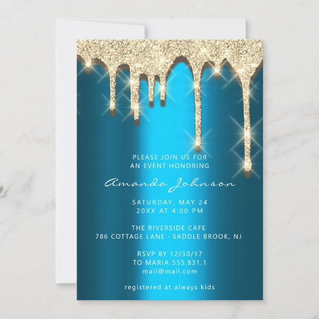 Bridal Shower Birthday 16th Gold 3D Drip Teal Invitation (Front)