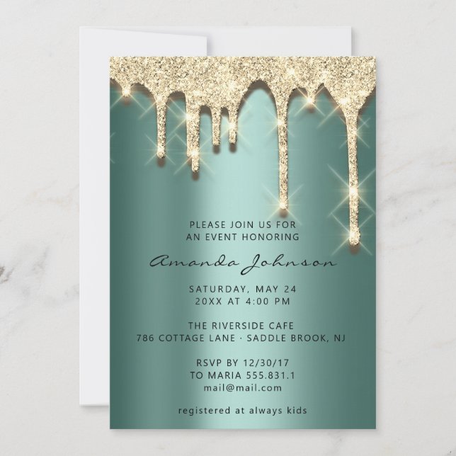 Bridal Shower Birthday 16th Gold 3D Green Invitation (Front)