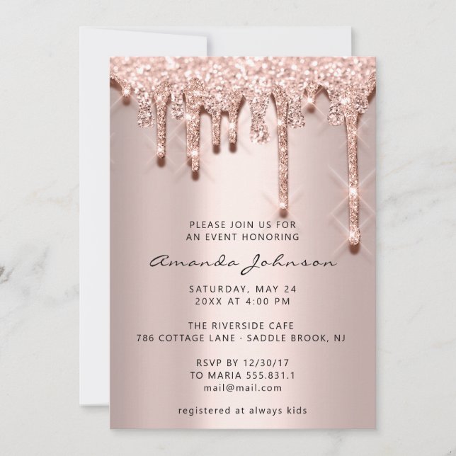 Bridal Shower Birthday 16th Rose 3D Drips Glitter Invitation (Front)