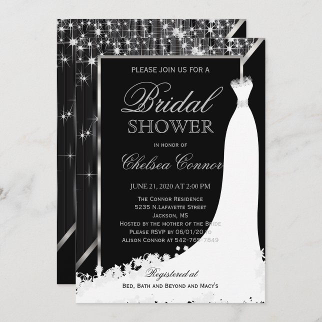 Bridal Shower - Black and Silver Star Lights Invitation (Front/Back)