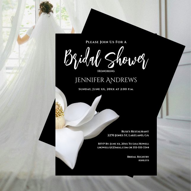 Bridal Shower Black and White Magnolia Elegant  Invitation (Bridal Shower Black and White Magnolia Elegant Invitation)