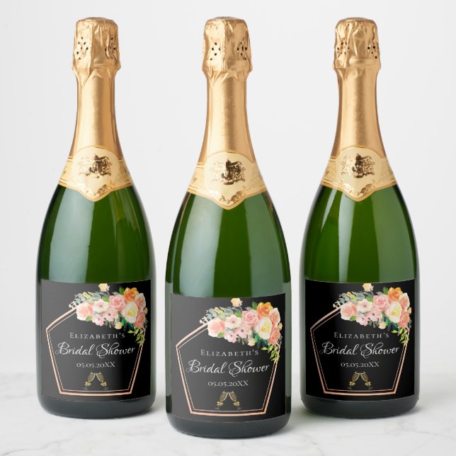 Bridal Shower black blush floral geometric  Sparkling Wine Label (Bottles)