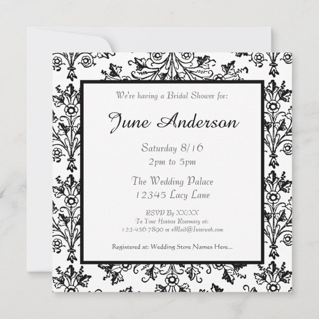 Bridal Shower Black Daisy Damask Custom Invitation (Back)
