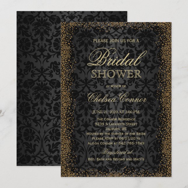 Bridal Shower - Black Damask and Gold Confetti  Invitation (Front/Back)