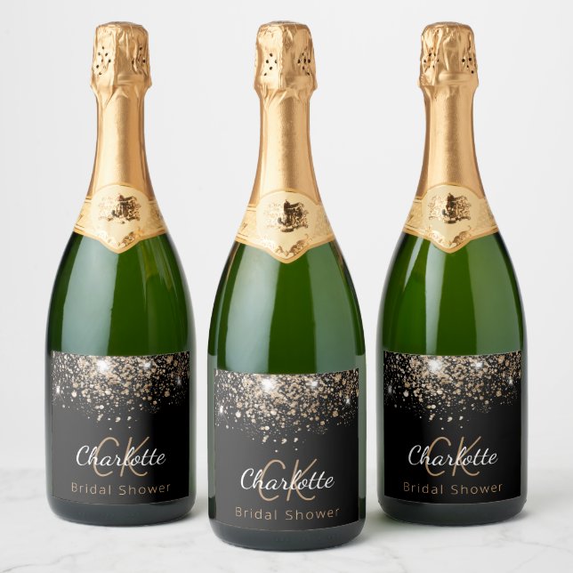 Bridal Shower black gold glitter monogram initials Sparkling Wine Label (Bottles)