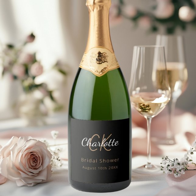 Bridal Shower black gold monogram Sparkling Wine Label (Creator Uploaded)