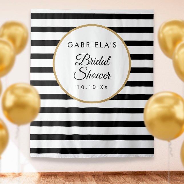 Bridal Shower Black Stripe Gold Photo Backdrop Tapestry (Creator Uploaded)