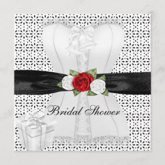 Bridal Shower Black White Corset Red Roses Flower Invitation