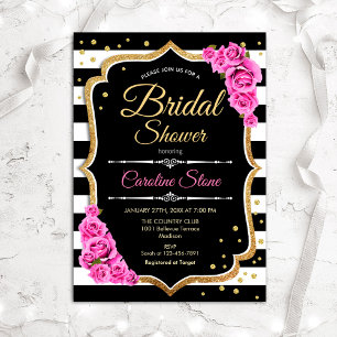 Bridal Shower - Black White Stripes and Pink Roses Invitation