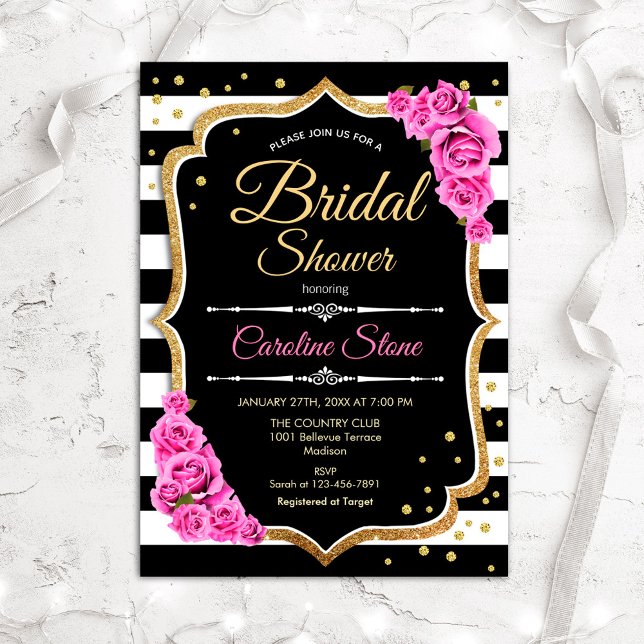 Bridal Shower - Black White Stripes and Pink Roses Invitation (Creator Uploaded)