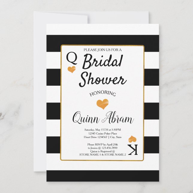 Bridal Shower Black & White Stripes | Gold Hearts Invitation (Front)