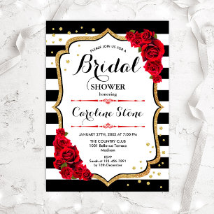 Bridal Shower - Black White Stripes Gold Red Roses Invitation
