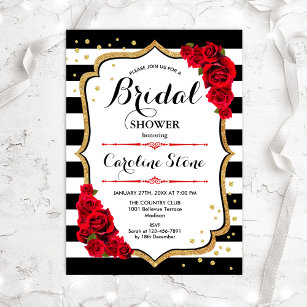 Bridal Shower - Black White Stripes Gold Red Roses Invitation