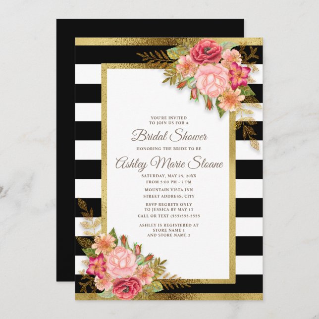 Bridal Shower Black White Stripes Pink Floral Gold Invitation (Front/Back)
