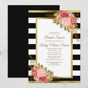 Bridal Shower Black White Stripes Pink Floral Gold Invitation