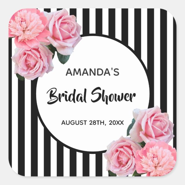 Bridal Shower black white stripes pink flowers Square Sticker (Front)