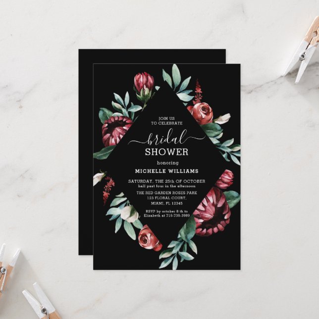Bridal Shower Black with Red Roses Invitation (Front/Back In Situ)