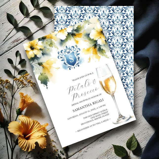 Bridal Shower Blue and Yellow Petals & Prosecco Invitation (Bridal shower invitations watercolor yellow hibiscus flowers blue monogrammed crest)