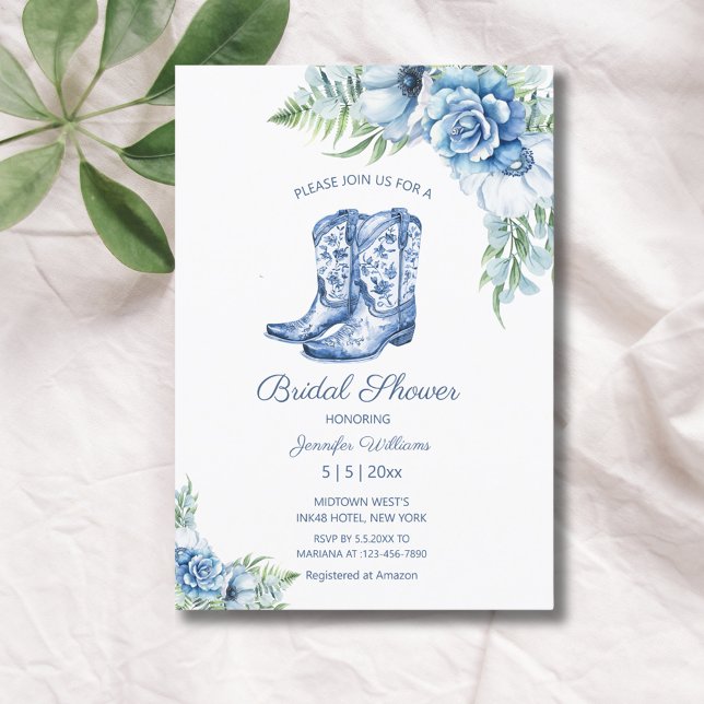 bridal shower blue cowgirl boots floral western  invitation (Creator Uploaded)