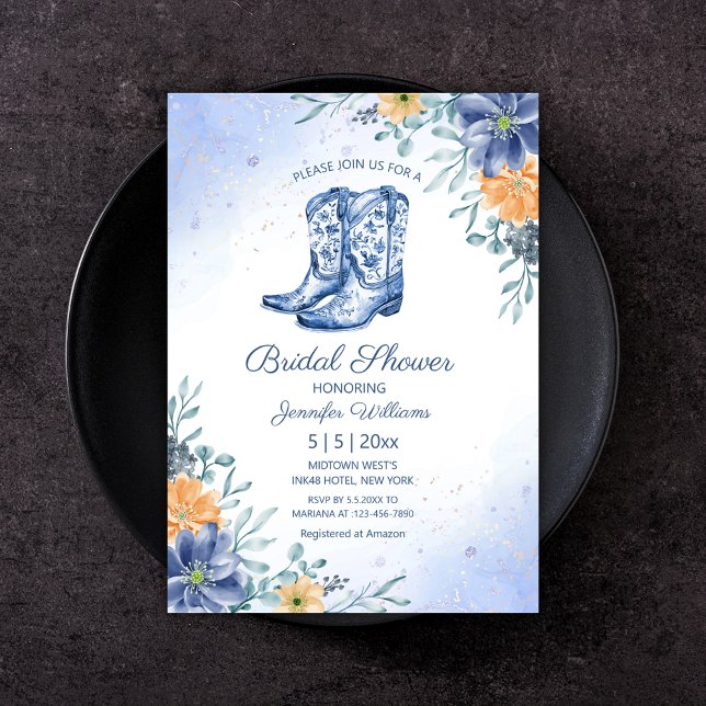 bridal shower blue cowgirl boots flowers western  invitation (Creator Uploaded)