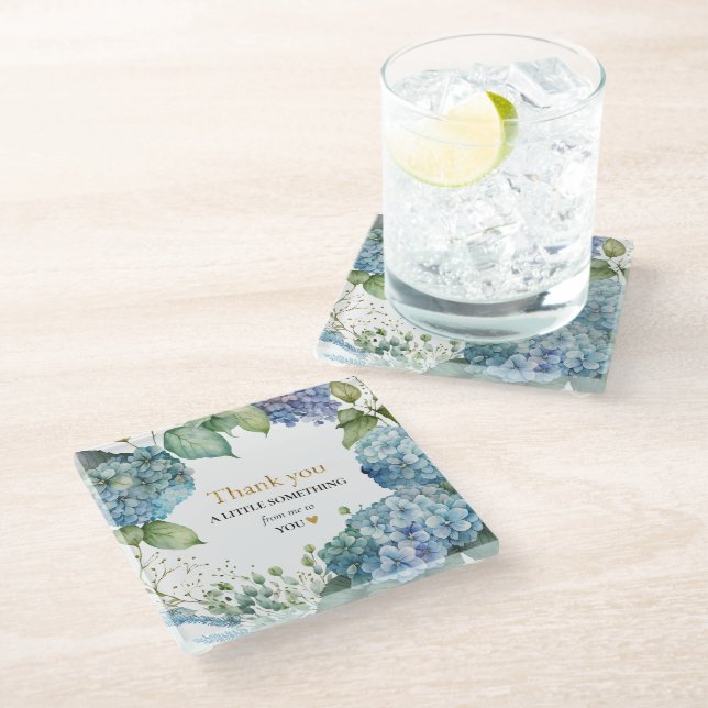 Bridal Shower Blue Hydrangeas Thank you Glass Coaster (Angled)