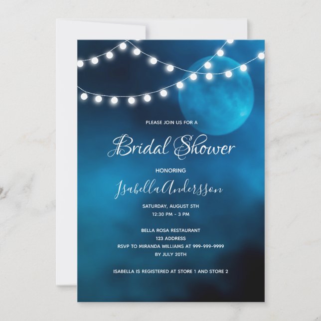 Bridal shower blue moon fairy lights romantic invitation (Front)