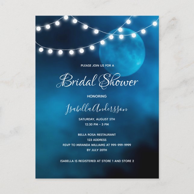 Bridal shower blue moon lights strings invitation postcard (Front)