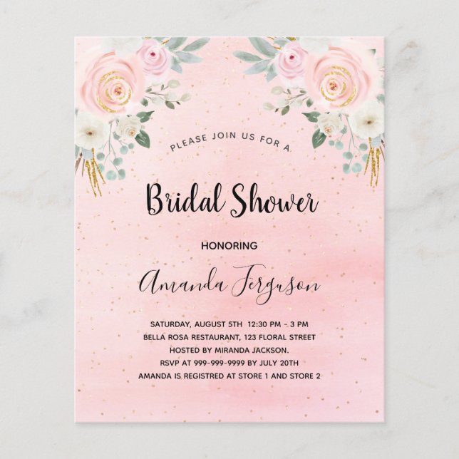 Bridal shower blush pink floral budget invitation flyer (Front)