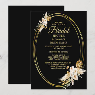 Bridal Shower Blush Pink Floral Golden Black Invitation