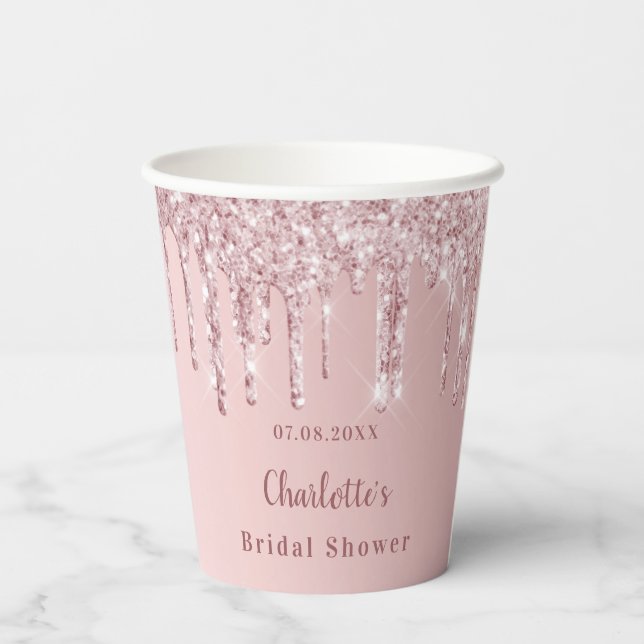 Bridal Shower blush pink glitter monogram Paper Cups (Back)