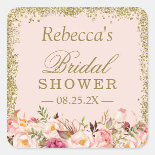 Bridal Shower Blush Pink Gold Glitters Floral Square Sticker