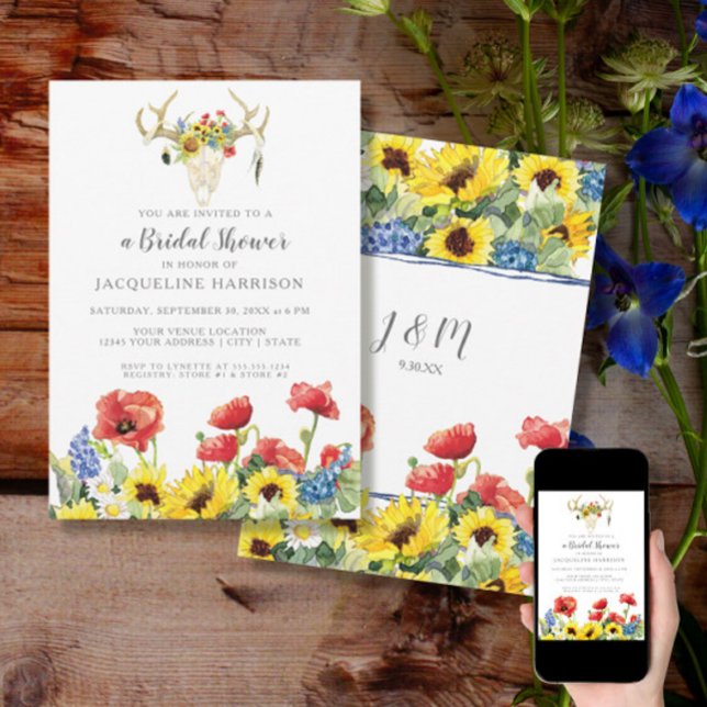 Bridal Shower BOHO Deer Skull Antler w Sunflowers Invitation (Creator Uploaded)