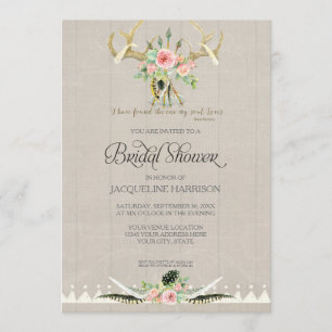 Bridal Shower BOHO Feathers Deer Antler Roses Art Invitation