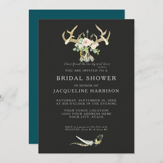 Bridal Shower BOHO Feathers Deer Antler Roses Art Invitation (Front/Back)