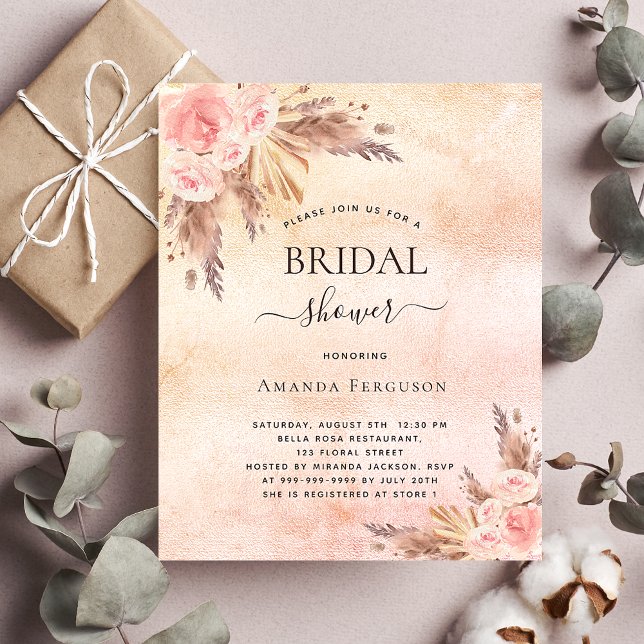 Bridal shower boho pampas grass rose gold budget flyer (Creator Uploaded)