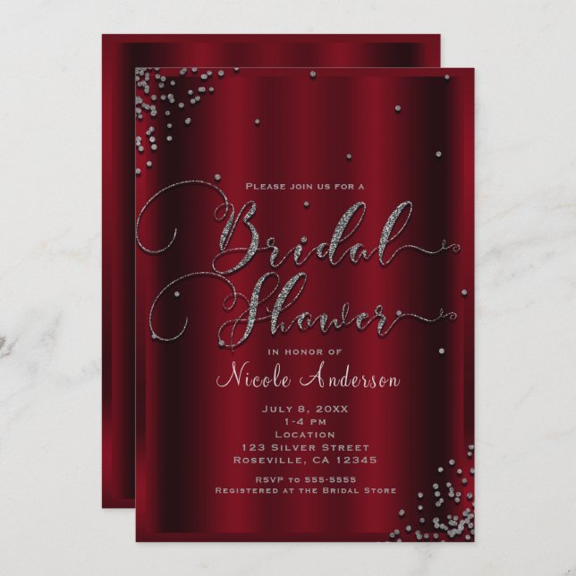 Bridal Shower Bold Red  & Silver Confetti Corners Invitation (Front/Back)