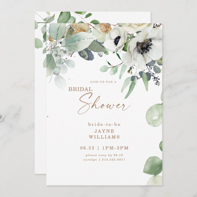 Bridal Shower Botanical Greenery White Floral  Invitation (Front/Back)