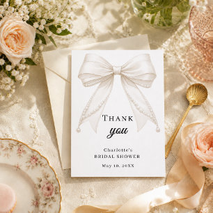 Bridal Shower bow ivory pearls elegant Thank You Card