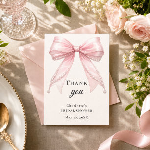 Bridal Shower bow pink ivory pearls elegant Thank You Card