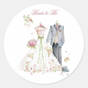 Bridal Shower Bride & Groom Pink Cream dress Classic Round Sticker