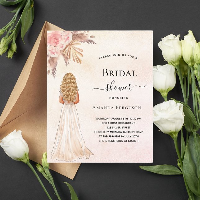 Bridal shower bride rose pampas budget invitation (Creator Uploaded)