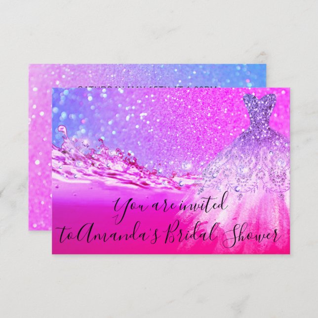 Bridal Shower Bright Pink Dress Glitter Ombre Invitation (Front/Back)