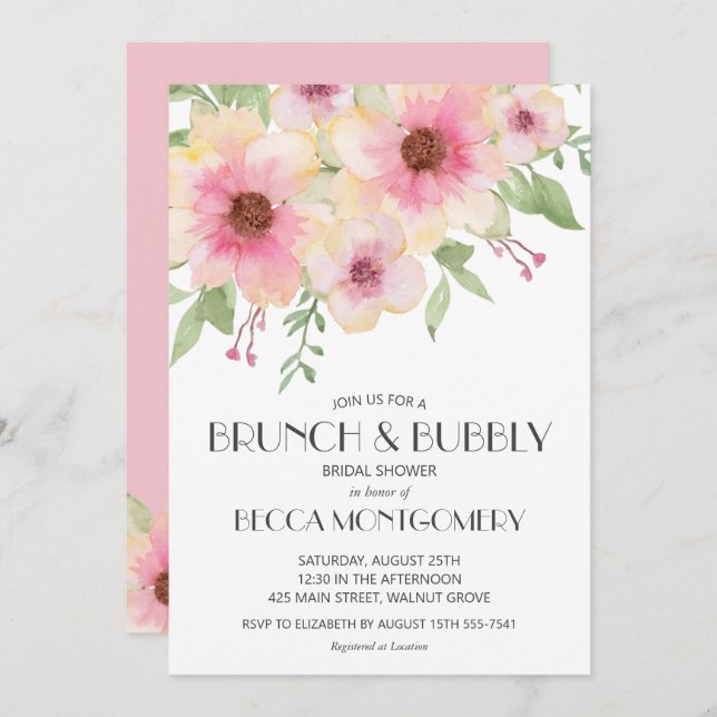 Bridal Shower Brunch and Bubbly Floral Invitation (Front/Back)