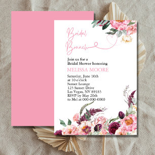 Bridal Shower Brunch Boho Pink Burgundy Peony Rose Invitation