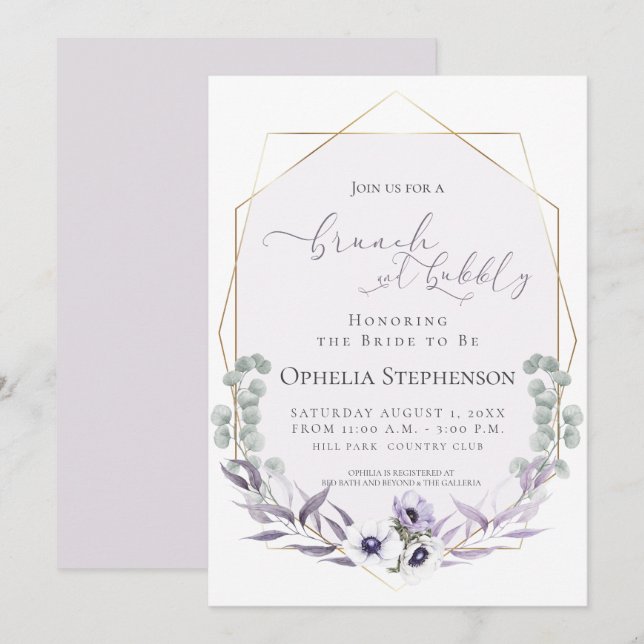 BRIDAL SHOWER | Brunch & Bubbly Dusty Lilac Floral Invitation (Front/Back)